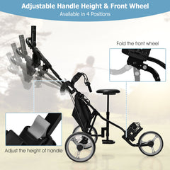 3 Wheels Folding Golf Push Cart with Seat Scoreboard and Adjustable Handle