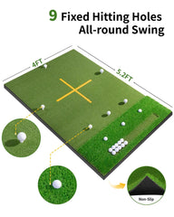 Dual-Turf Golf Mat with Ball Tray, Thickened Golf Hitting Mat with 9 Hitting Holes, Alignment Aid Practice Mat for Hitting, Driv